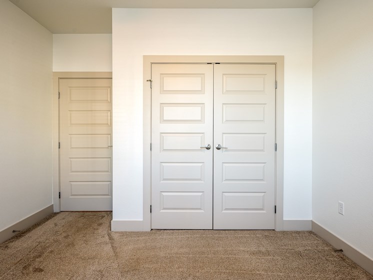 A room with large closet doors and a carpeted floor.